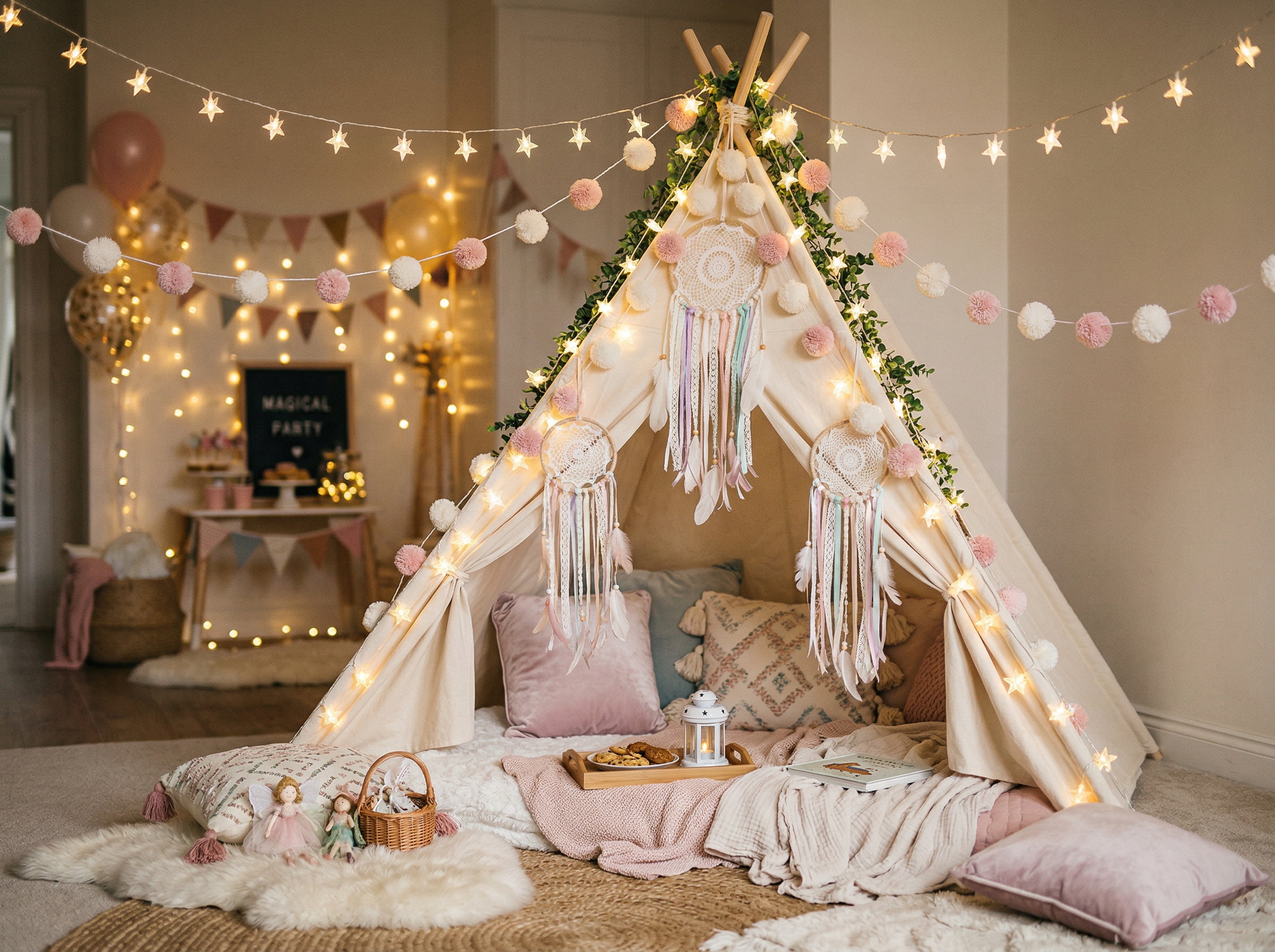 Carpita tipi con atrapasueños, guirnaldas de pompones y luces estrella