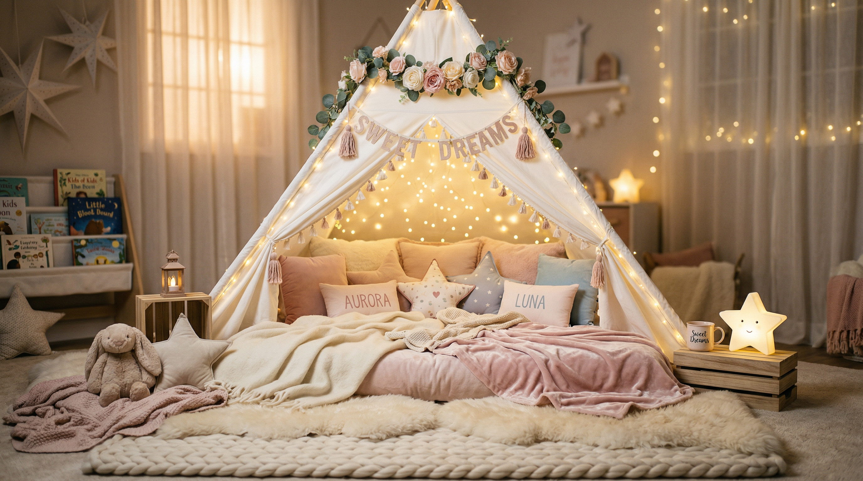 Carpita tipi decorada con luces y almohadas rosas para pijamada infantil